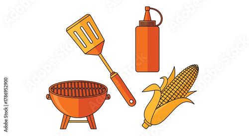 Grill, corn, spatula, and sauce bottle, perfect for summer cookouts