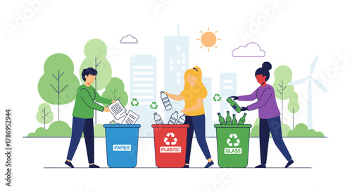 A diverse group of people actively sorting different types of waste into color-coded recycling bins in an urban environment with green energy elements.