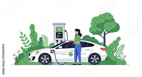Woman charging electric car at station surrounded by greenery.