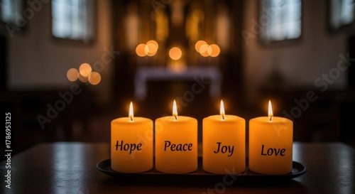 Four lit advent candles with hope peace joy love inscribed