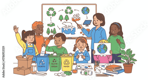 A classroom scene with a teacher explaining recycling to a group of diverse students.