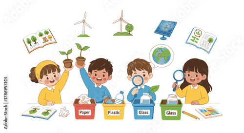 Children sorting waste into recycling bins, promoting environmental awareness.