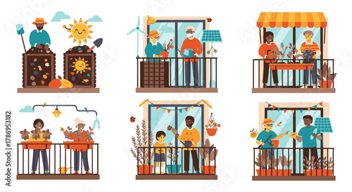 Diverse people enjoying balcony gardening and composting, showcasing sustainable urban living and community engagement.