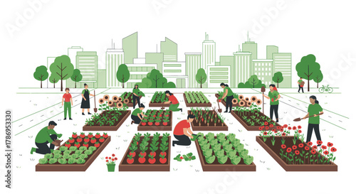 Community garden in a city with people planting and harvesting vegetables and flowers, with skyscrapers in the background.