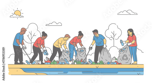 Group of people cleaning up trash on a beach, illustration.