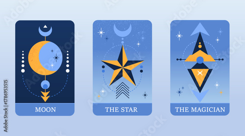 Tarot cards featuring moon, star, and magician symbols, showcasing mystical themes and celestial elements. design evokes sense of wonder and magic