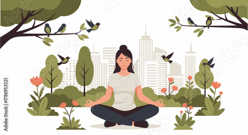 A serene woman meditates in a lush city park, finding peace amidst the urban skyline with birds and nature.