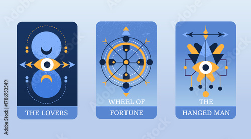 Tarot cards featuring Lovers, Wheel of Fortune, and Hanged Man, showcasing vibrant colors and geometric designs, evoke sense of mystery