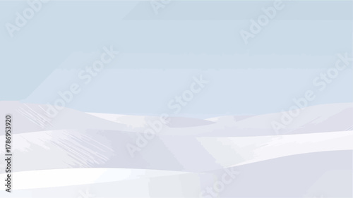 A serene winter landscape with snow-covered dunes under a pale blue sky evokes a sense of peaceful solitude and the stark beauty of nature's minimalism.