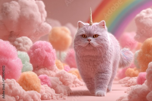 Fantasy. Fluffy unicorn cat walking in a whimsical pastel dreamland.