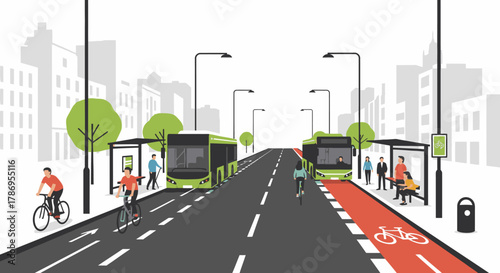 City street with buses, cyclists, and people at bus stops.