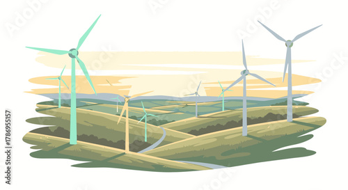 A scenic landscape featuring a wind farm with numerous turbines spread across rolling hills under a soft, hazy sky.