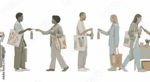 Diverse group of people exchanging items and shopping at stalls, illustrating commerce and community interaction.