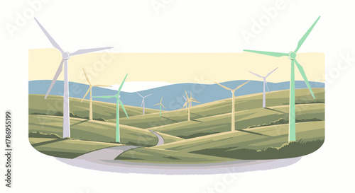 A scenic illustration showcasing wind turbines on a rolling green landscape under a clear sky.