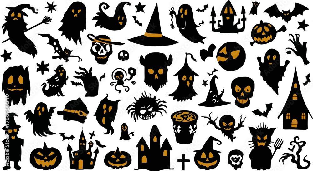 Fototapeta premium A collection of Halloween silhouettes featuring ghosts, pumpkins, bats, haunted houses, and other spooky elements, perfect for creating themed designs.