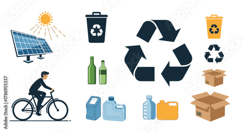 Collection of icons representing environmental protection, recycling, and sustainable living practices.