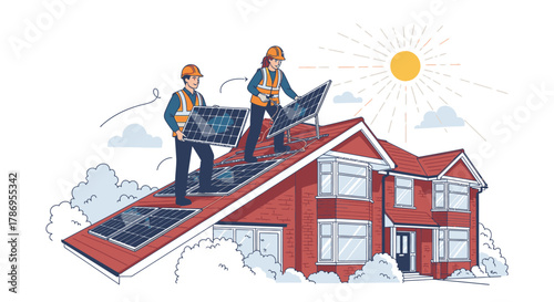 Illustration of solar panel installation on a house roof by two workers.