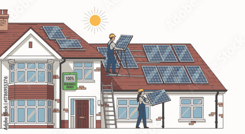 Two workers installing solar panels on the roof of a residential house under a sunny sky.