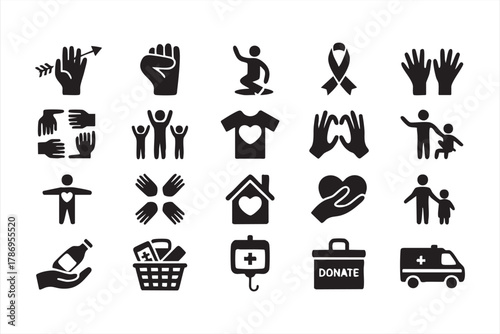 Helping hand and heart icons pack for volunteering and donation campaigns