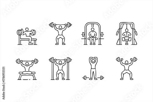 Black line gym and fitness icons set for workout and strength design projects