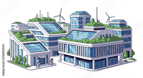 Illustration of a futuristic city with green roofs and wind turbines.