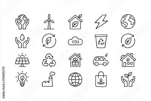 Sustainability and eco-friendly line icons pack for clean living design projects