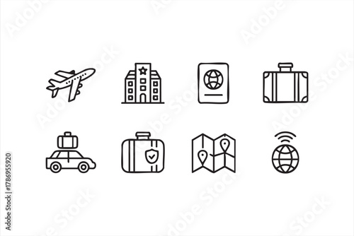 Vector icons of airplane, luggage, and hotel for global travel and tourism use