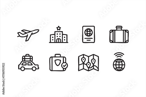 Minimal travel and tourism line icons set for vacation and adventure design projects