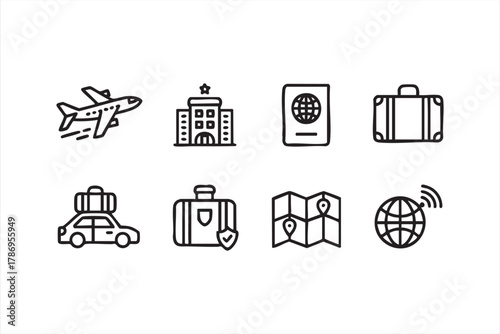 Tourism and vacation line art icons for adventure, journey, and discovery designs