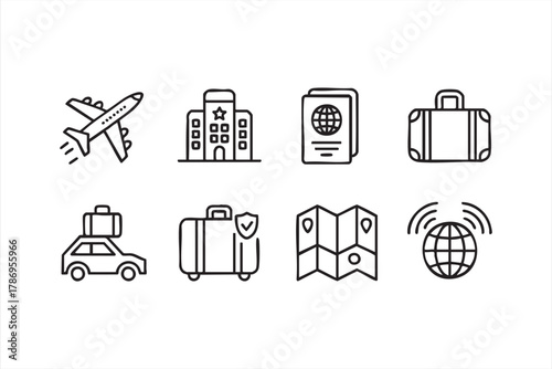 Travel and holiday outline symbols set for trip planning and booking concepts