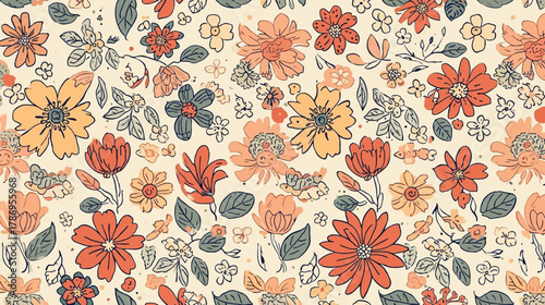 A vibrant and cheerful floral pattern featuring a mix of orange, yellow, and blue flowers with delicate leaves on a light cream background, perfect for design projects.