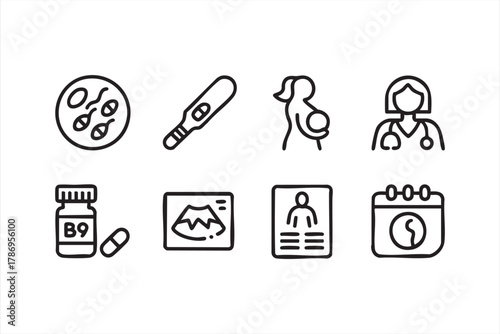 Pregnancy and maternity line icons set for reproductive health and care design