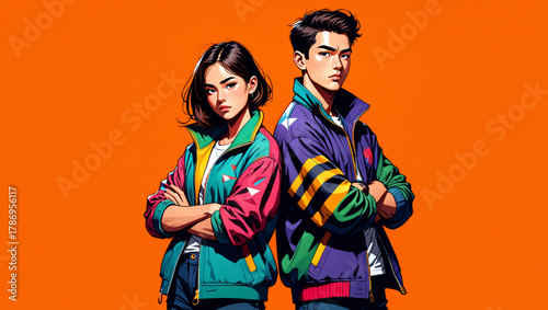 Stylish young couple in vibrant retro jackets against orange background