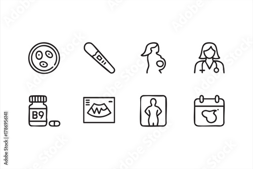Fertility and motherhood line art icons for reproductive and parenting themes