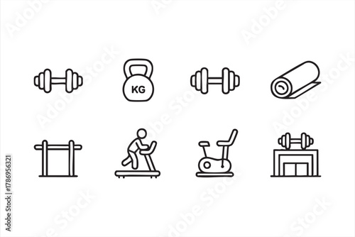 Workout and gym equipment line art icons for active lifestyle and wellness branding