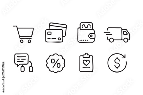 Store, discount, and delivery outline icons for commerce and website design themes