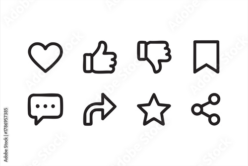 Minimal vector symbols of like, share, and comment for app and web design use