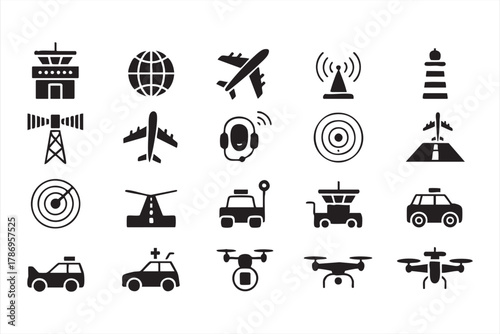 Minimal vector symbols of radar, airplane, and tower for aviation and travel use