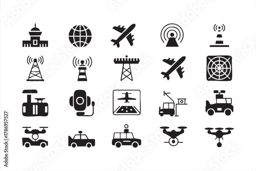 Aviation and airport line icons set for flight and transportation design projects