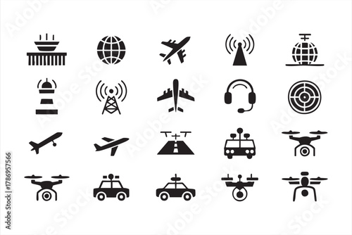 Flight control and airport communication icons pack for transportation design