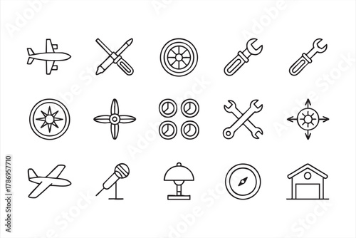 Aviation maintenance and technical outline icons pack for aircraft and engineering projects