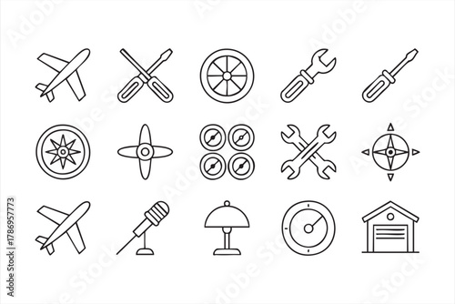 Airplane and mechanical repair line art icons for aerospace and transport design