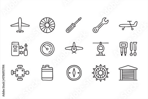 Aircraft repair and engineering line icons for aerospace, navigation, and service visuals