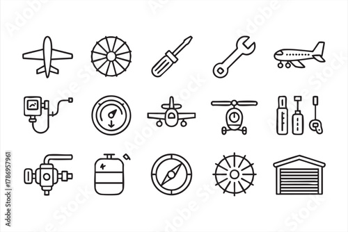 Aviation maintenance and technical outline icons pack for airplane and mechanic projects
