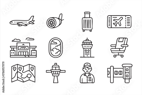 Airplane travel and airport line icons set for aviation and tourism design projects