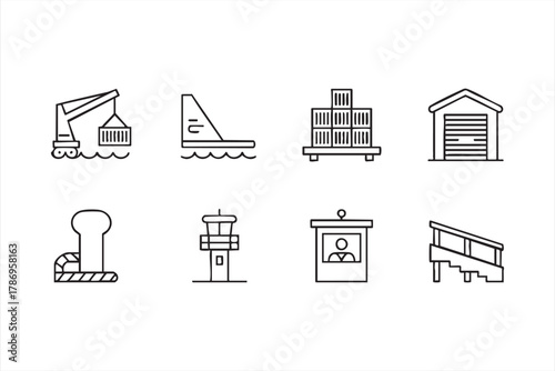 Cargo and port line icons pack for freight, delivery, and distribution design projects