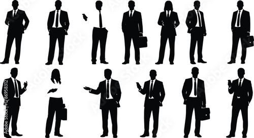Collection of Diverse Business People Silhouettes Standing Separately, Various Poses with Phones and Briefcases, Professional Corporate Staff and Executive Management Vector.