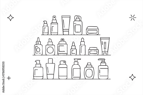 Beauty and cosmetic packaging line icons set for wellness and personal care themes