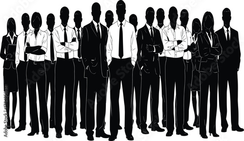 Large Group of Business People Silhouette Standing Together in Formal Attire, Corporate Teamwork and Professional Success, Diverse Management and Leadership Staff.