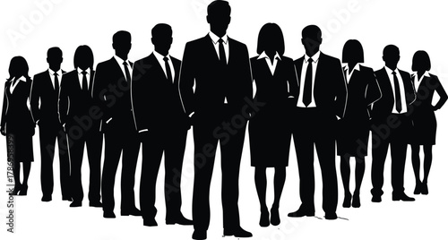 Powerful silhouette of an international corporate business team standing together as a cohesive group, demonstrating leadership, success, unity, and professional determination in a global workplace.